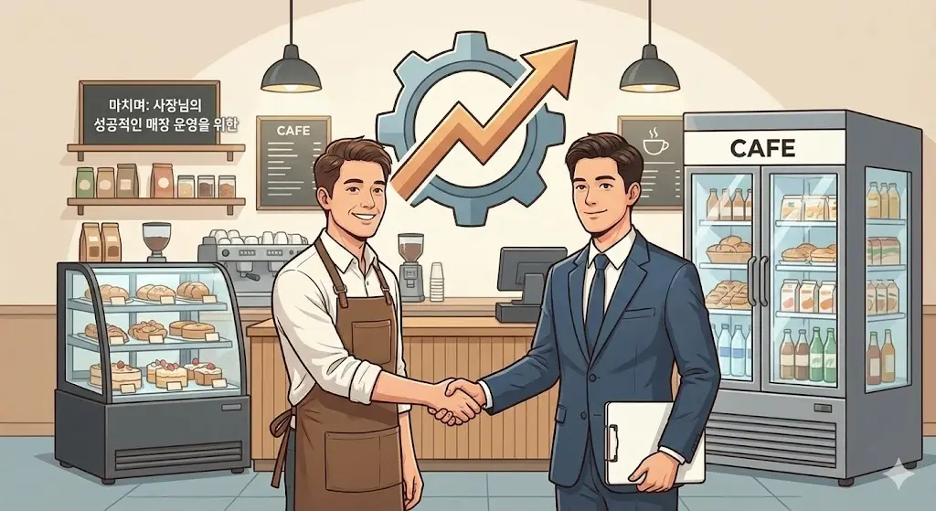 사장님의 성공적인 매장 운영과 비즈니스 성장을 상징하는 밝고 희망찬 분위기의 쇼케이스 매장 전경 이미지입니다.