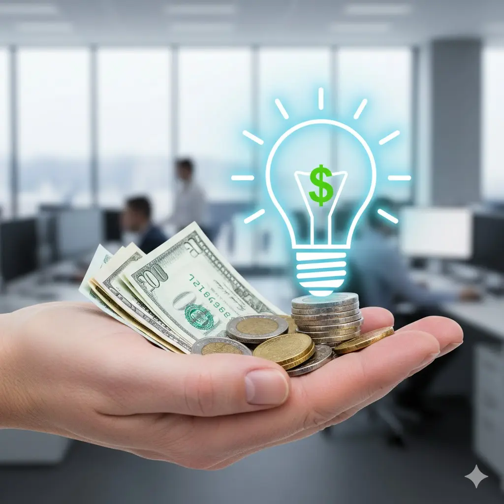 에너지 효율이 높은 LED 조명을 통해 전기 요금을 절약하는 것을 상징하는 이미지