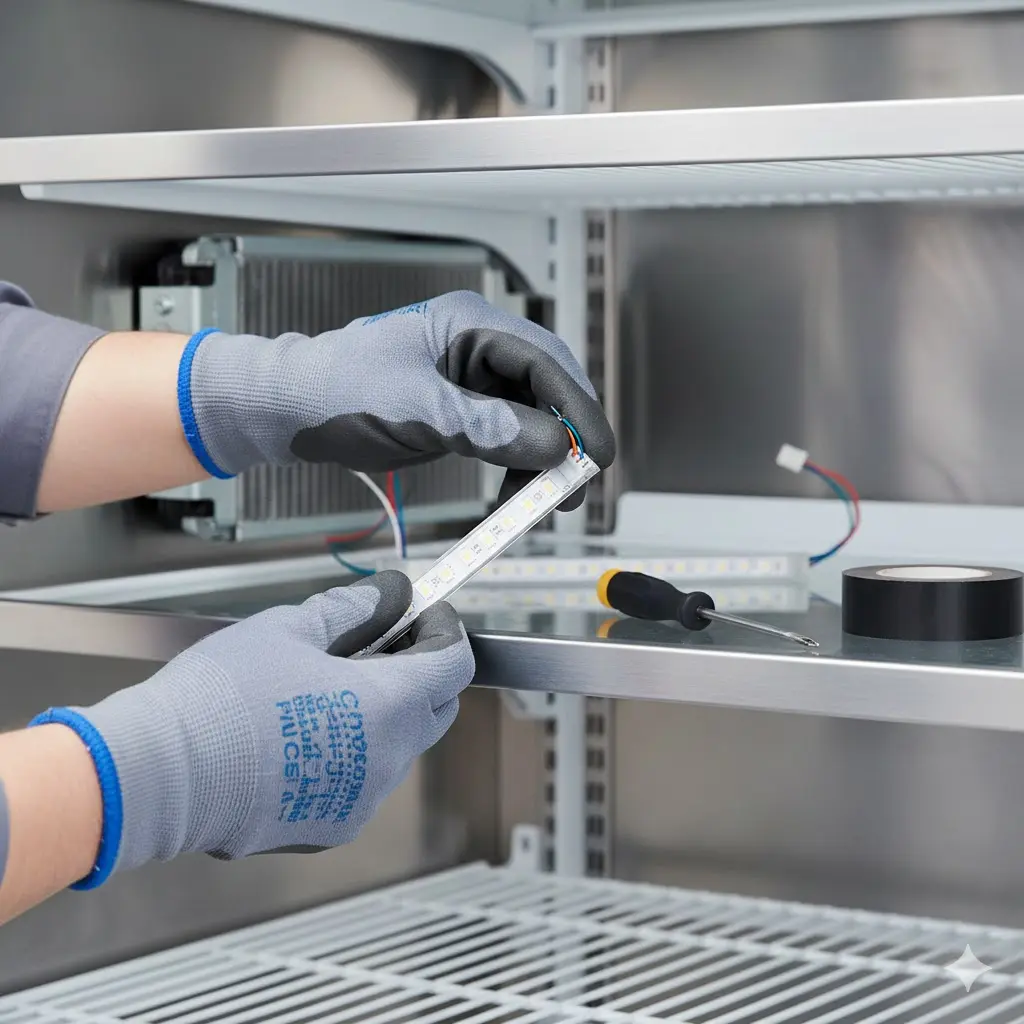 안전 장갑을 착용하고 쇼케이스용 방수 LED 바의 배선을 연결하는 모습