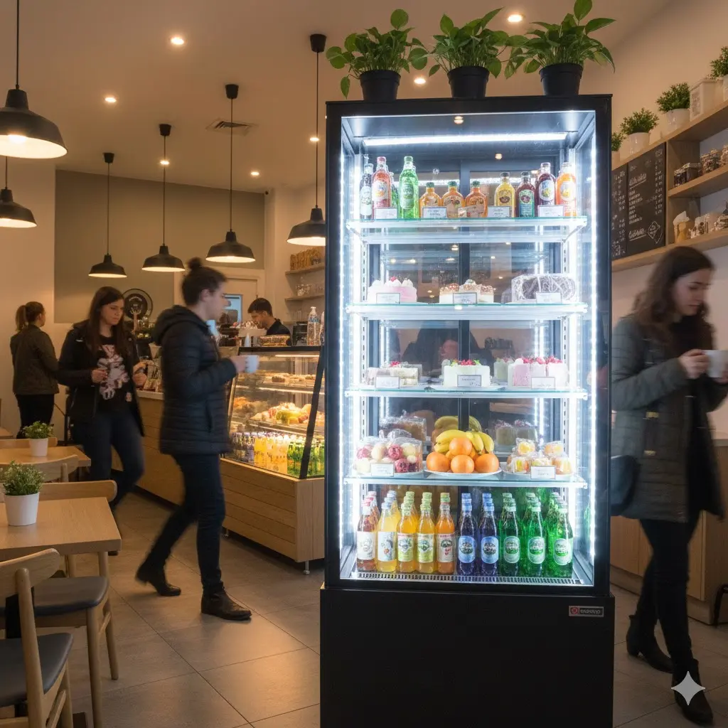 환한 LED 조명으로 밝혀진 쇼케이스가 중심이 되는 활기찬 카페 매장 내부 전경