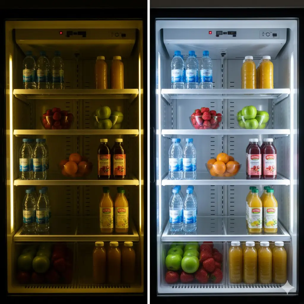 어두운 형광등 조명과 밝고 선명한 LED 조명의 쇼케이스 내부 비교 사진