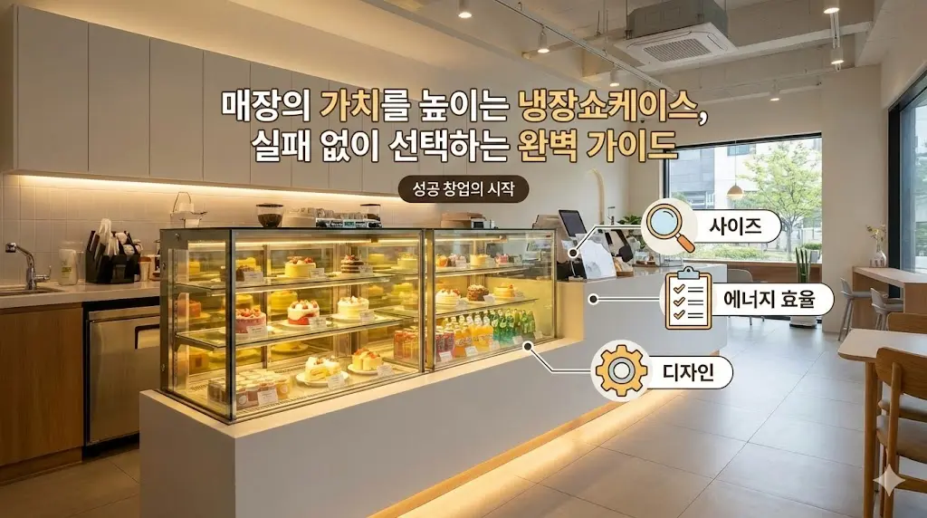 매장의 가치를 높이는 냉장쇼케이스 선택 가이드 인포그래픽. 카페 쇼케이스와 주요 체크포인트(사이즈, 에너지 효율, 디자인) 표시.