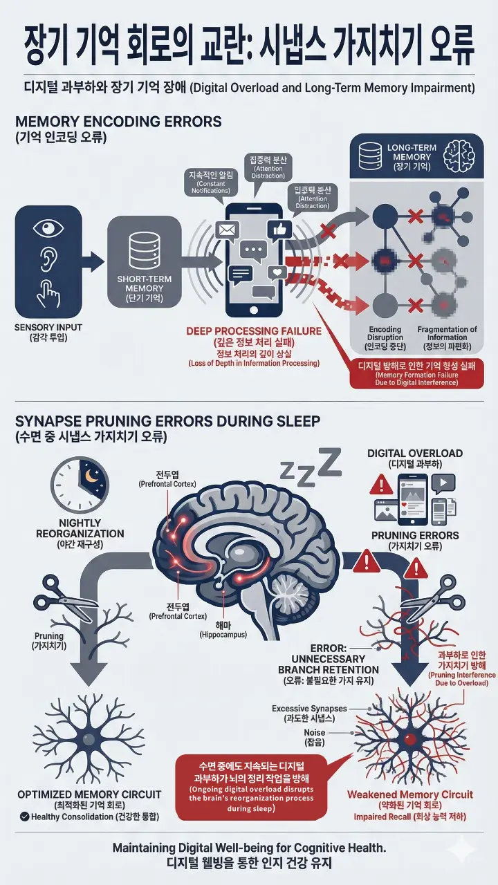 장기 기억 회로의 교란과 시냅스 가지치기 오류를 설명하는 인포그래픽. 상단 이미지는 스마트폰의 지속적인 알림과 집중력 분산이 어떻게 깊은 정보 처리를 방해하고 기억 인코딩 오류를 유발하는지 보여준다. 하단 이미지는 수면 중 전두엽과 해마에서 일어나는 야간 재구성 과정을 묘사한다. 디지털 과부하로 인해 불필요한 가지치기가 제대로 이루어지지 않아(Pruning Errors), 과도한 시냅스와 잡음이 발생하고 결과적으로 기억 회로가 약화되는 과정을 시각적으로 비교하여 설명하고 있다.