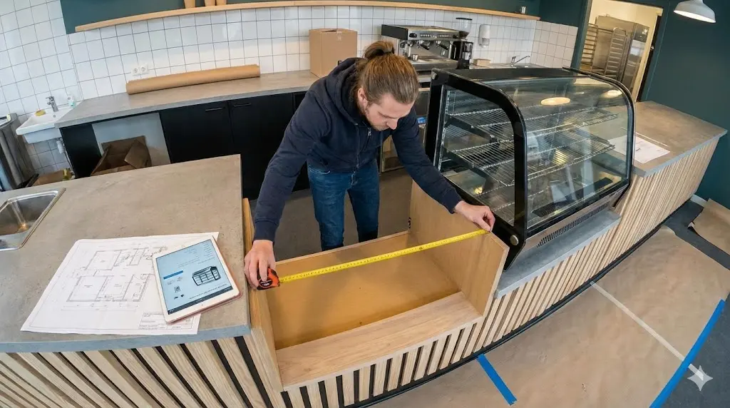 냉장쇼케이스 설치를 위해 카페 카운터 공간을 줄자로 측정하는 모습.