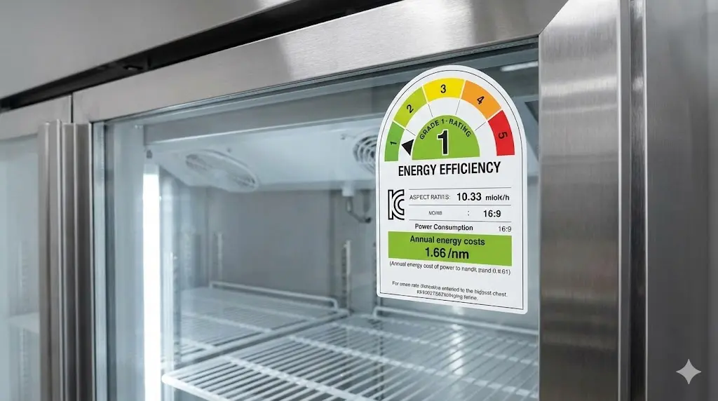 업소용 냉장고 유리에 부착된 에너지 소비 효율 1등급 라벨의 확대 사진.