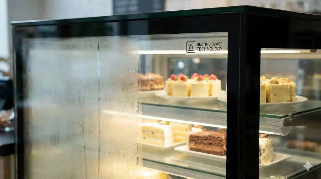 '히팅 글라스 기술' 로고가 부착된 냉장쇼케이스 유리로, 한쪽은 결로 현상으로 뿌옇고 다른 한쪽은 깨끗한 모습.