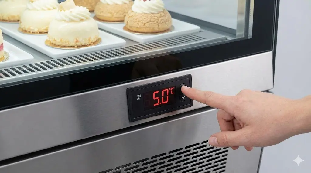 냉장쇼케이스 전면에 부착된 디지털 온도 조절기를 손가락으로 눌러 온도를 설정하는 모습.