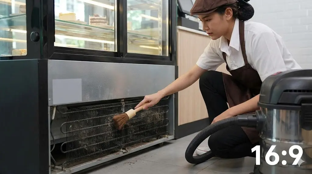 냉장쇼케이스 하단의 먼지 쌓인 응축기 부분을 브러시와 청소기로 청소하는 모습.
