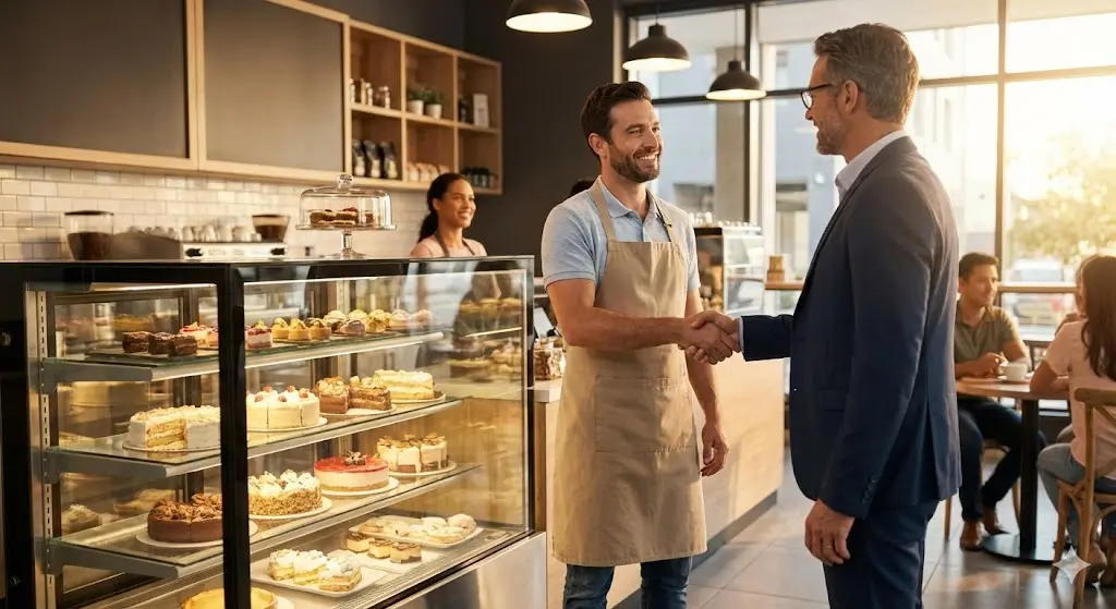 세련된 카페 쇼케이스 앞에서 사장님과 전문가가 악수하며 성공적인 창업 파트너십을 맺는 모습입니다.