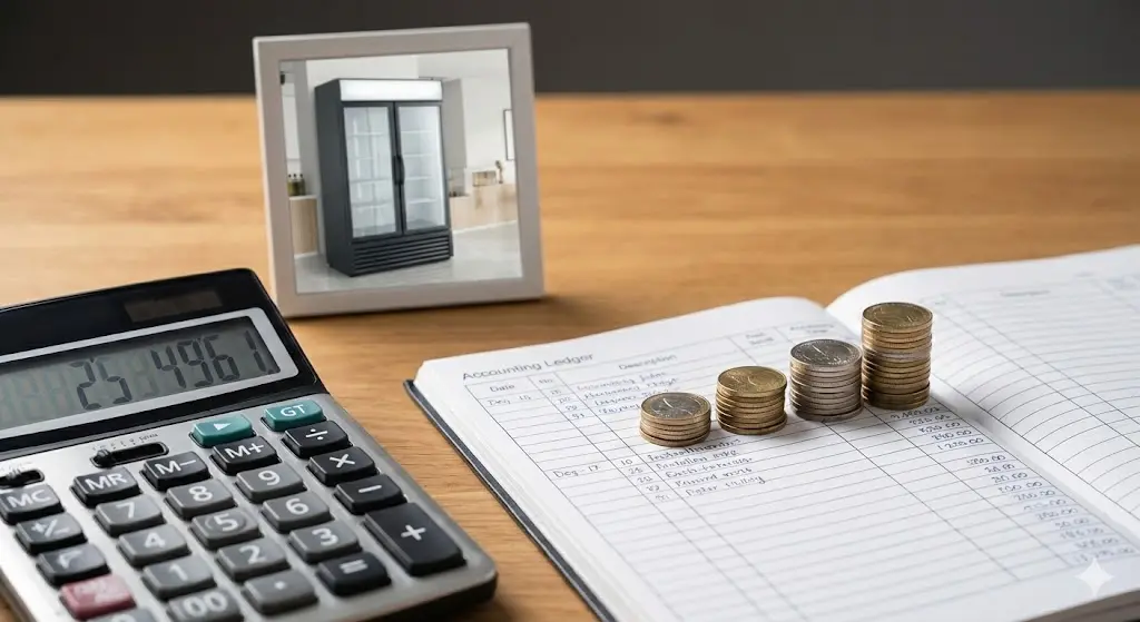 계산기와 장부, 그리고 냉장고 할부를 상징하는 동전 더미가 놓인 비즈니스 테이블 전경입니다.
