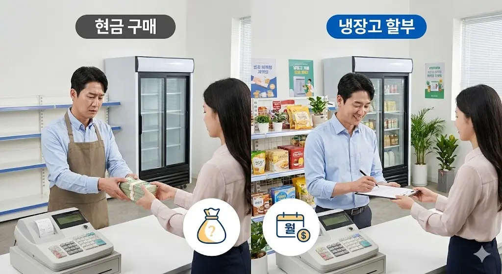 초기 자본 부담을 줄이고 매장 운영 자금의 유동성을 확보하기 위해 냉장고 할부 구매를 선택하는 전략적인 비즈니스 모습입니다.