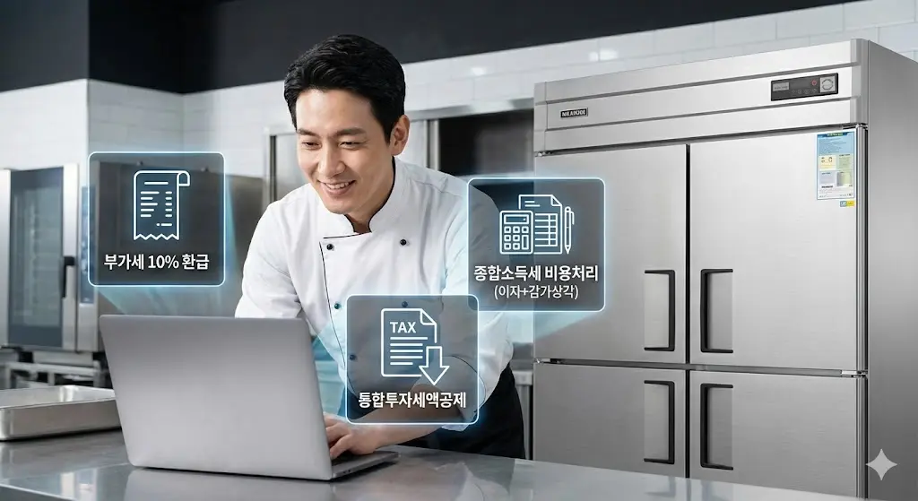 부가가치세 환급, 종합소득세 비용 처리 및 감가상각 혜택을 통해 경제적 이득을 얻는 과정을 상징하는 세무 서류와 계산기 연출입니다.