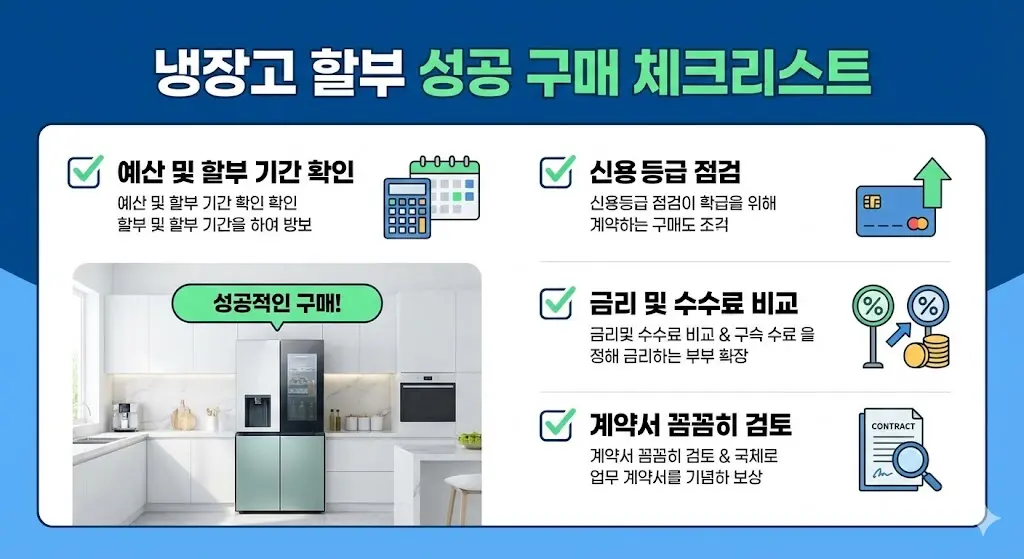 냉장고 할부 구매 시 꼭 확인해야 할 조건과 혜택들을 한눈에 보기 쉽게 정리한 전문적인 체크리스트 이미지입니다.