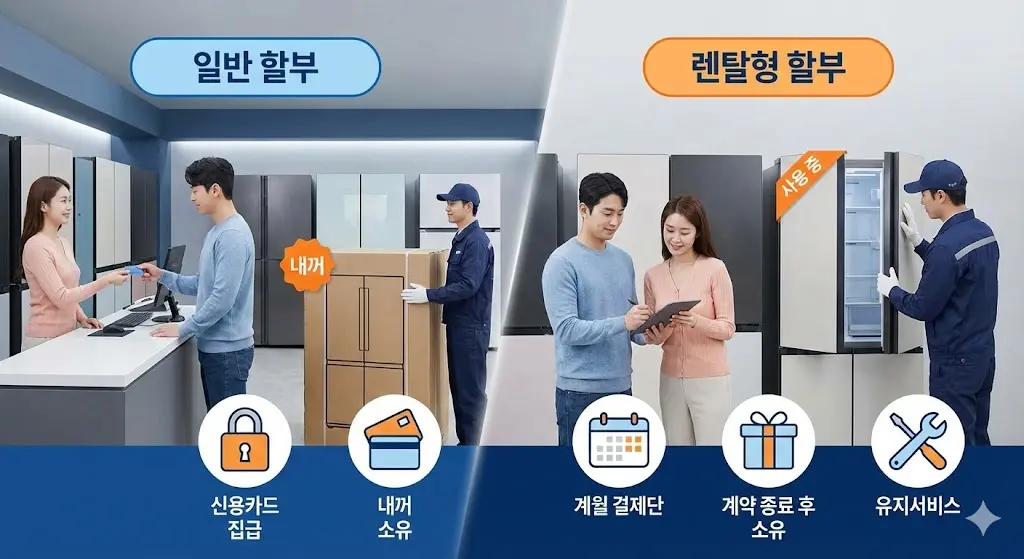 일반 할부와 렌탈형 할부의 차이점을 분석하고, 초기 비용 부담과 소유권 이전 등 사업장 상황에 맞는 최적의 선택을 고민하는 모습입니다.