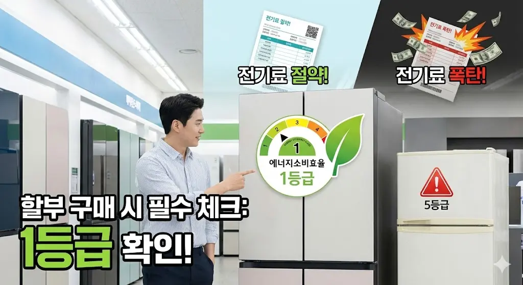 냉장고 할부 구매 시 전기료 폭탄을 피하기 위해 에너지 소비 효율 등급과 절전 기술을 꼼꼼하게 확인하는 스마트한 사장님의 모습입니다.