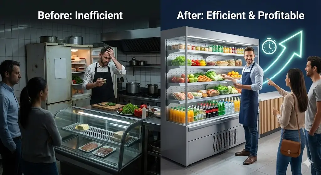 비효율적인 구형 냉장고 사용 시(Before)와 효율적이고 수익성 높은 최신 냉장쇼케이스 도입 후(After)를 비교한 이미지입니다.