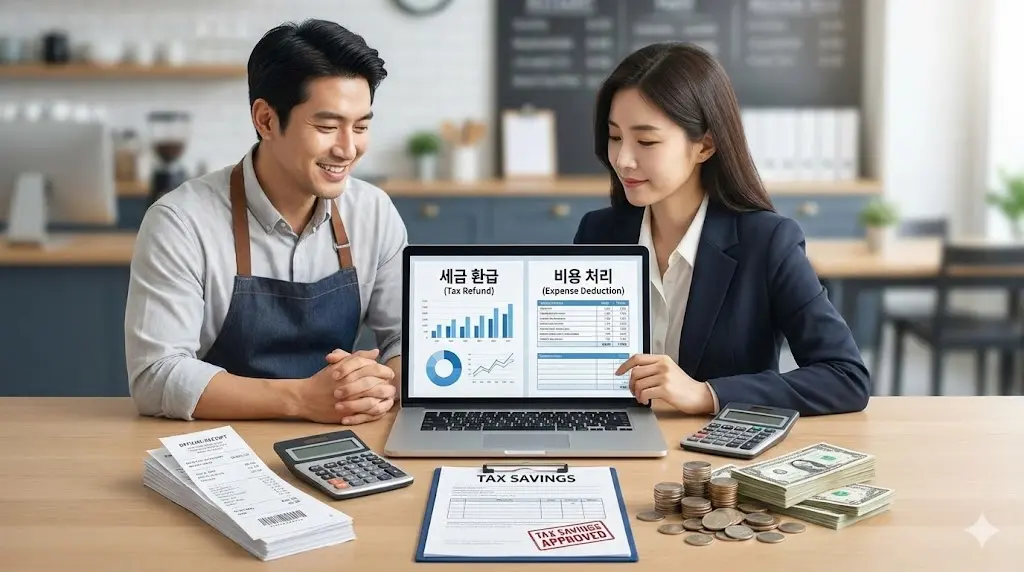 세무 전문가와 상담하며 세금 환급 및 비용 처리 혜택을 확인하는 사장님의 모습을 통해 금전적 이득을 표현했습니다.