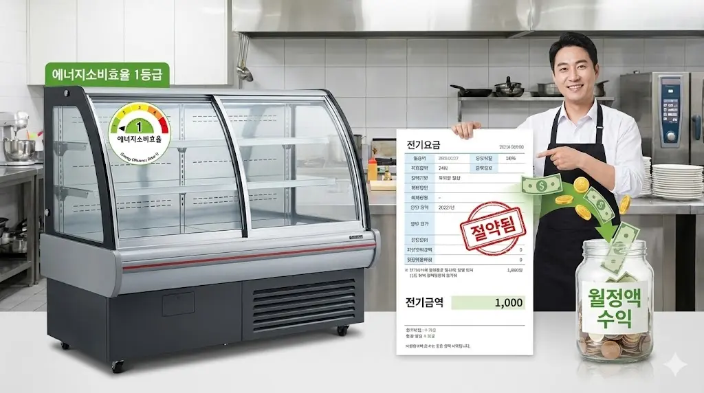 에너지 효율 1등급 제품 사용으로 절약된 전기료가 매월 수익으로 쌓이는 과정을 직관적인 인포그래픽으로 나타냈습니다