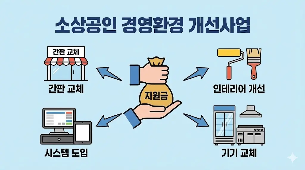 소상공인 경영환경 개선사업의 주요 지원 분야인 간판 교체, 인테리어 개선, 시스템 도입, 기기 교체를 지원금과 연결하여 보여주는 인포그래픽 이미지입니다.