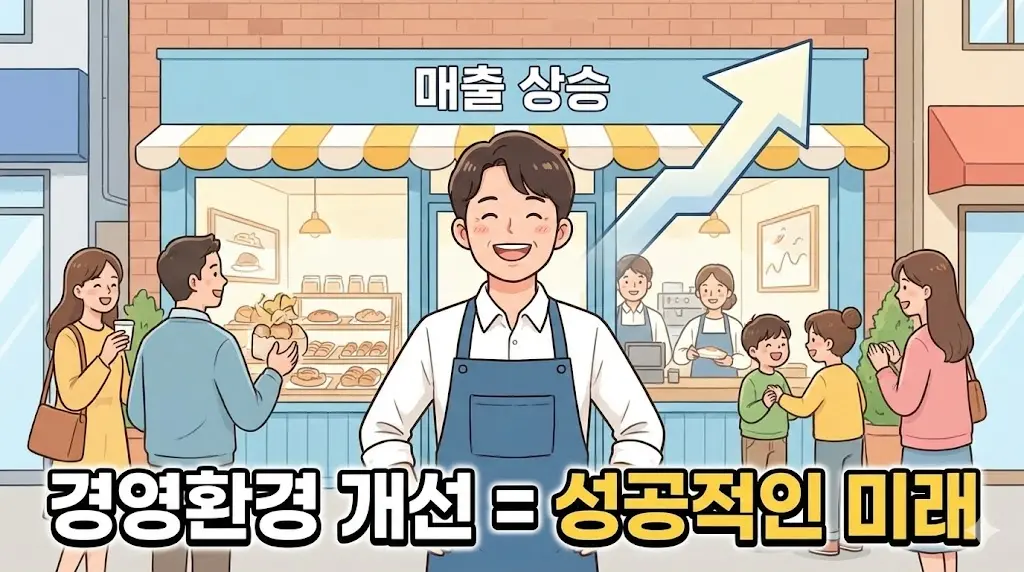 경영환경 개선 후 밝게 웃는 사장님과 붐비는 매장, 그리고 '매출 상승' 화살표를 통해 '경영환경 개선 = 성공적인 미래'라는 메시지를 전달하는 결론 이미지입니다.