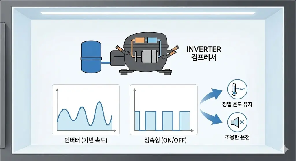 인버터 컴프레서의 가변 속도 작동 원리와 장점 설명 도표