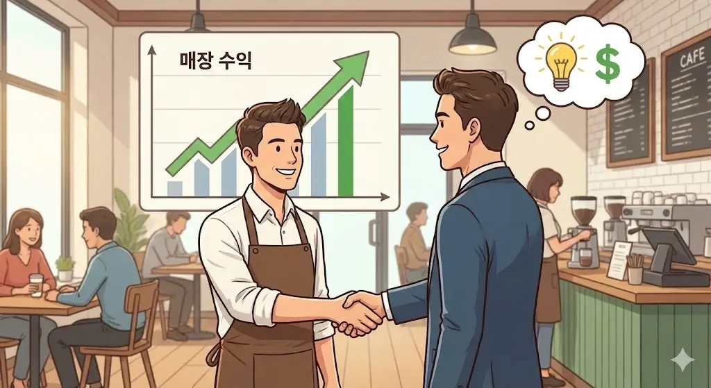현명한 선택으로 인한 매장 수익 상승과 성공적인 파트너십 악수 장면