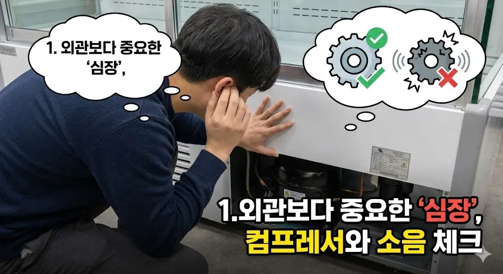 중고 쇼케이스 구매 필수 체크: 컴프레서 소음 및 진동 확인하는 방법 인포그래픽