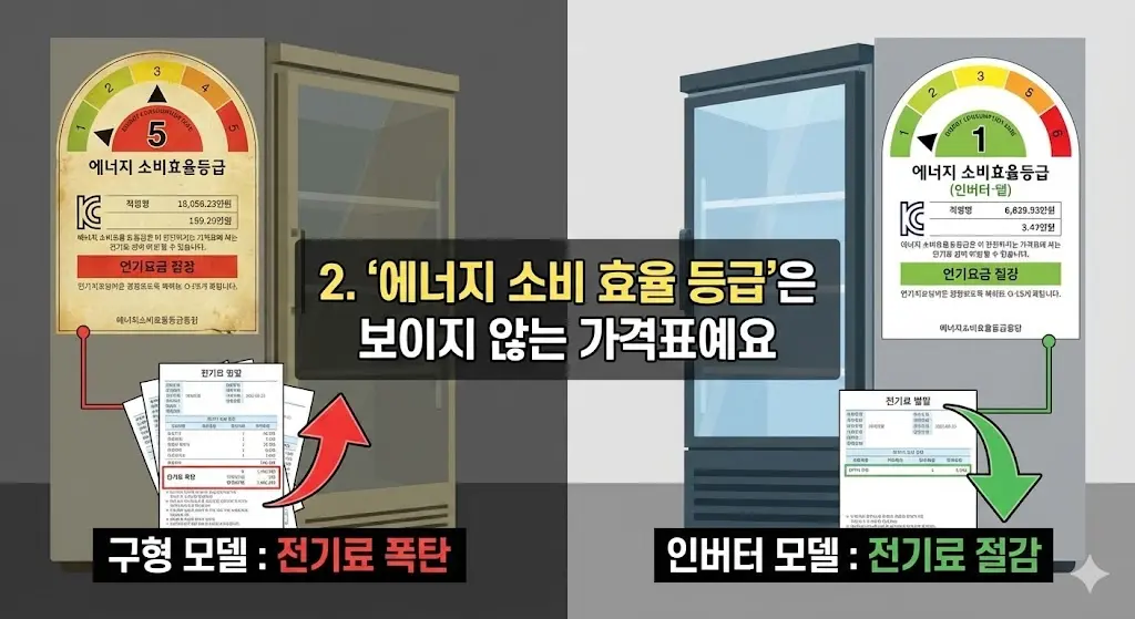 에너지 소비 효율 등급 비교: 구형 쇼케이스 전기료 폭탄 대 인버터 모델 절감 효과
