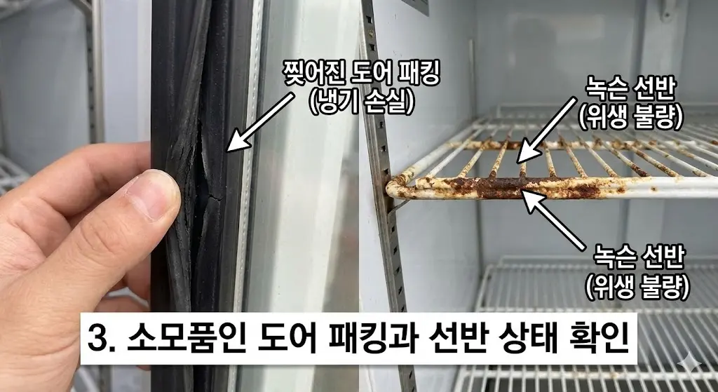 중고 쇼케이스 소모품 점검 포인트: 찢어진 도어 고무 패킹과 녹슨 내부 선반 사진