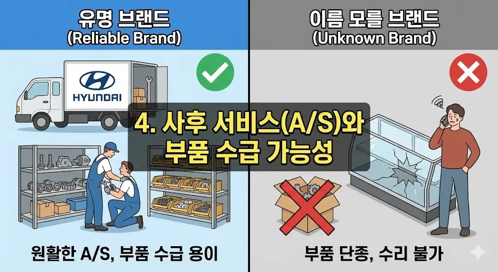 쇼케이스 브랜드별 사후 서비스(A/S) 및 부품 수급 가능성 비교 일러스트