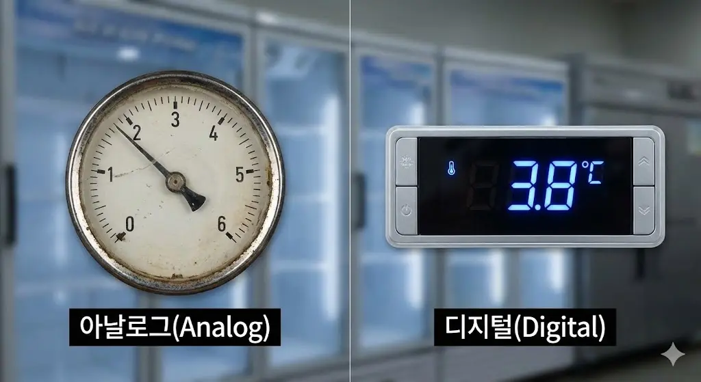 아날로그 온도계와 정밀한 디지털온도 제어기 비교 이미지