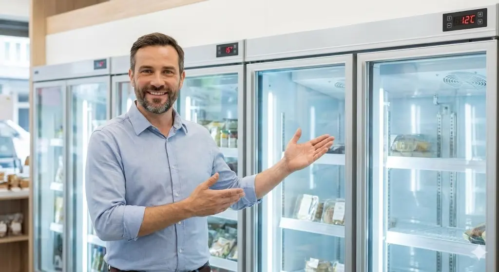 스마트한 디지털온도 제어 쇼케이스 앞에서 만족해하는 매장 사장님