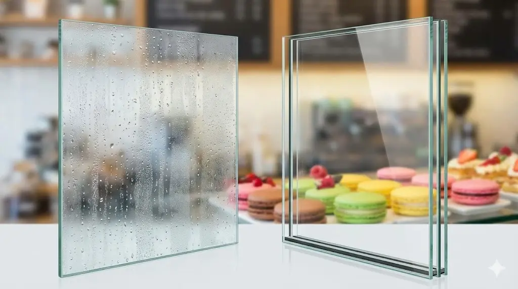 결로가 생긴 일반 유리와 투명한 이중 강화 유리의 비교 모습