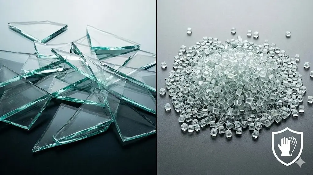 날카로운 일반 유리 파편과 안전한 강화 유리 알갱이 비교