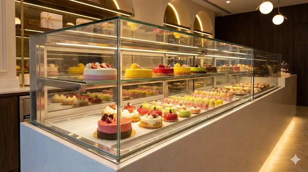 고급스러운 디저트가 진열된 프리미엄 이중 강화 유리 쇼케이스