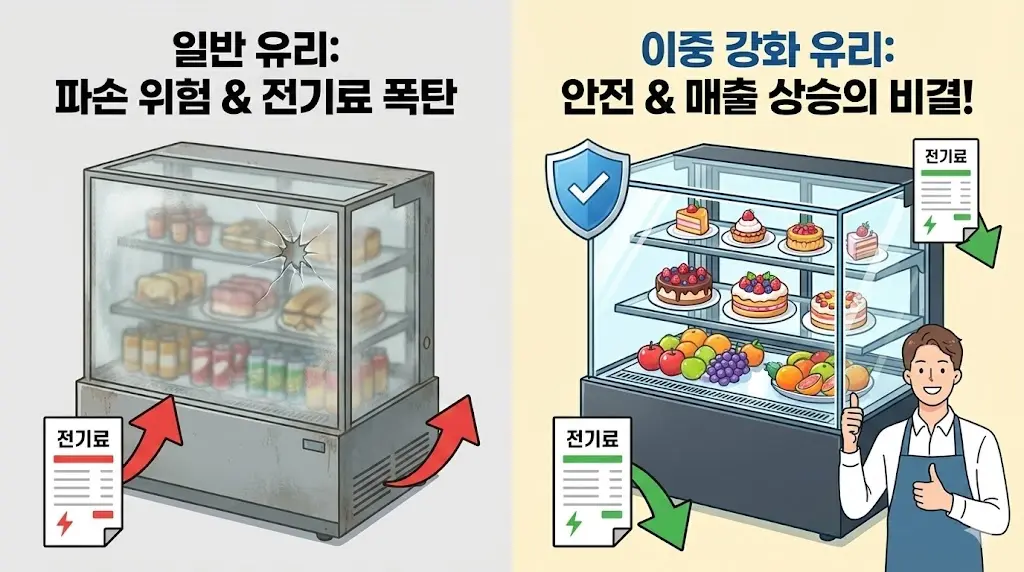 중 강화 유리 쇼케이스를 소개하는 밝은 표정의 사장님