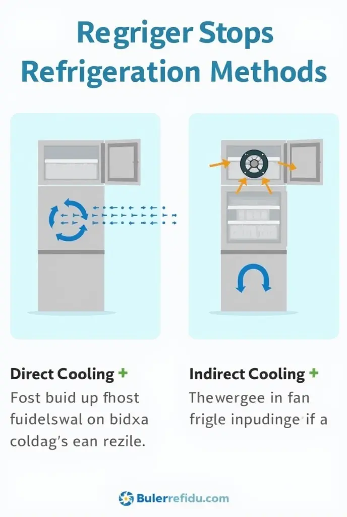 성에가 끼는 직냉식 방식과 공기 순환형 간냉식 냉장고의 차이를 보여주는 일러스트