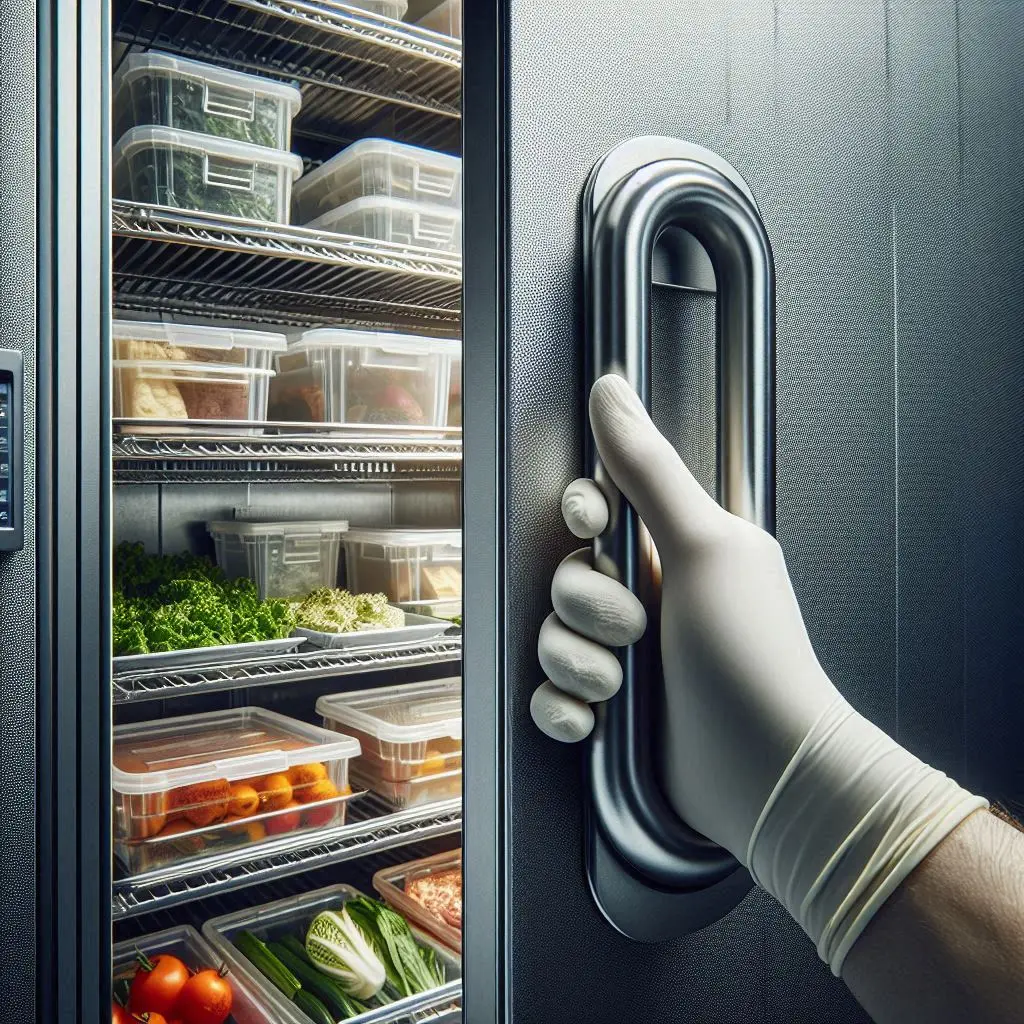 냉장고 문을 여는 사장님 손