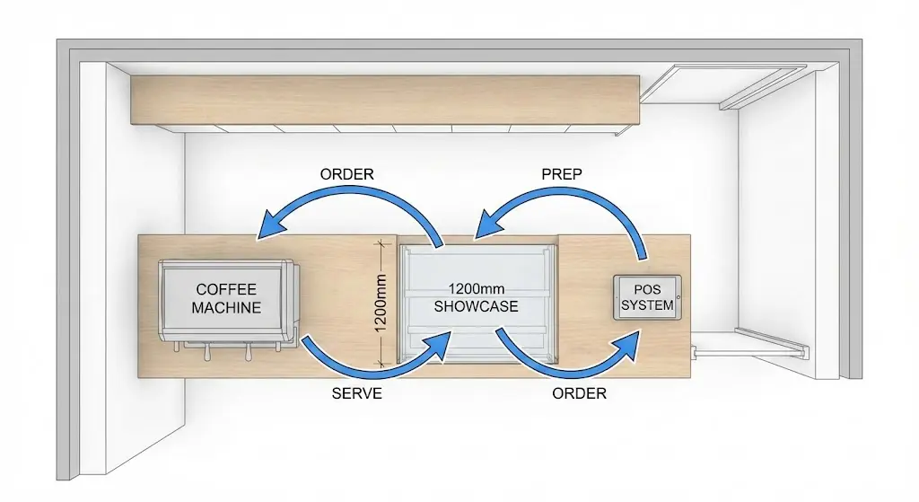 효율적인 주방 동선을 고려하여 배치된 카페집기 평면 설계도