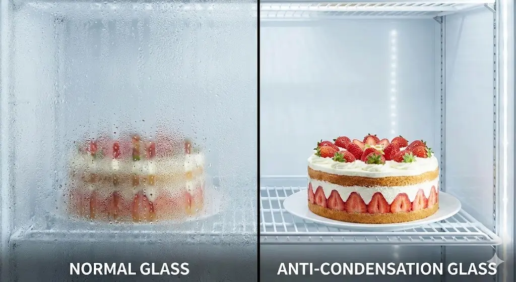 일반 유리와 결로 방지 기능이 있는 특수 유리의 투명도 비교 사진