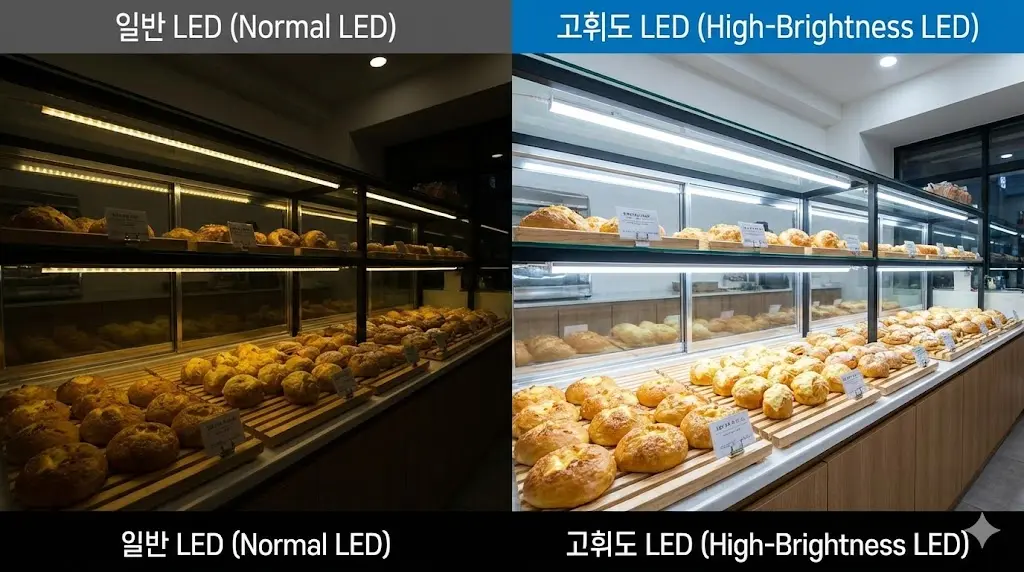 일반 조명과 고휘도 LED 조명의 밝기 비교 이미지