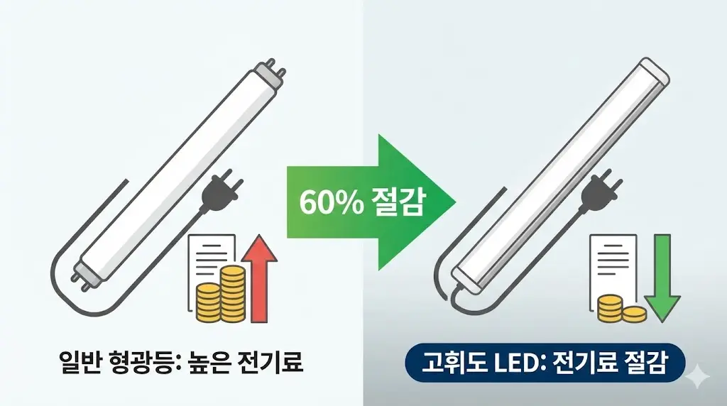 일반 형광등 대비 고휘도 LED 조명의 전기료 60% 절감 효과 인포그래픽