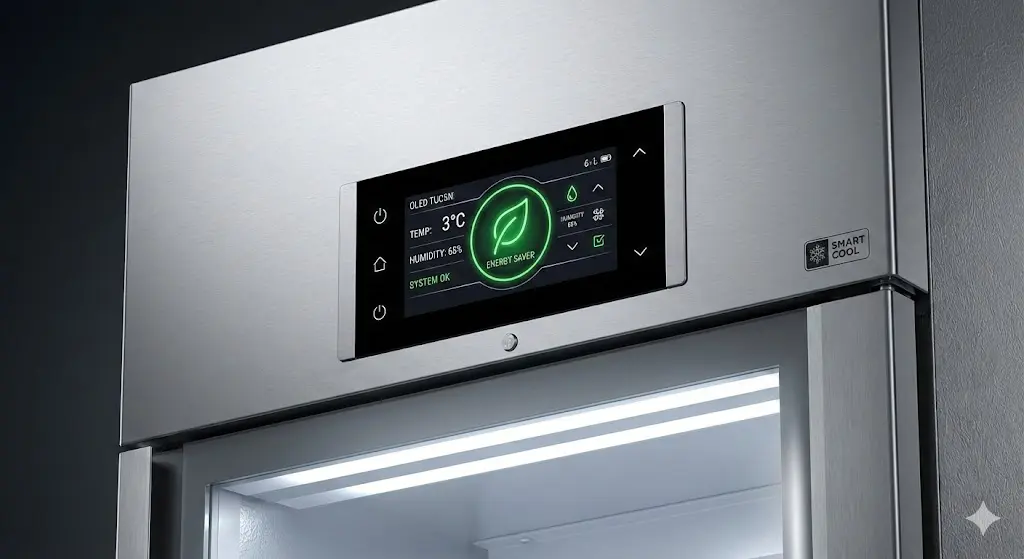 온도가 안정적으로 유지되고 있는 업소용 냉장고의 디지털 컨트롤 패널과 에너지 절약 표시