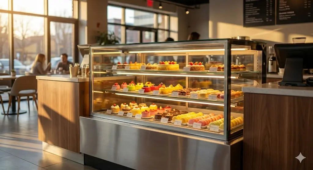 맛있는 디저트가 가득 진열된 화사하고 세련된 베이커리 카페의 쇼케이스 내부 전경