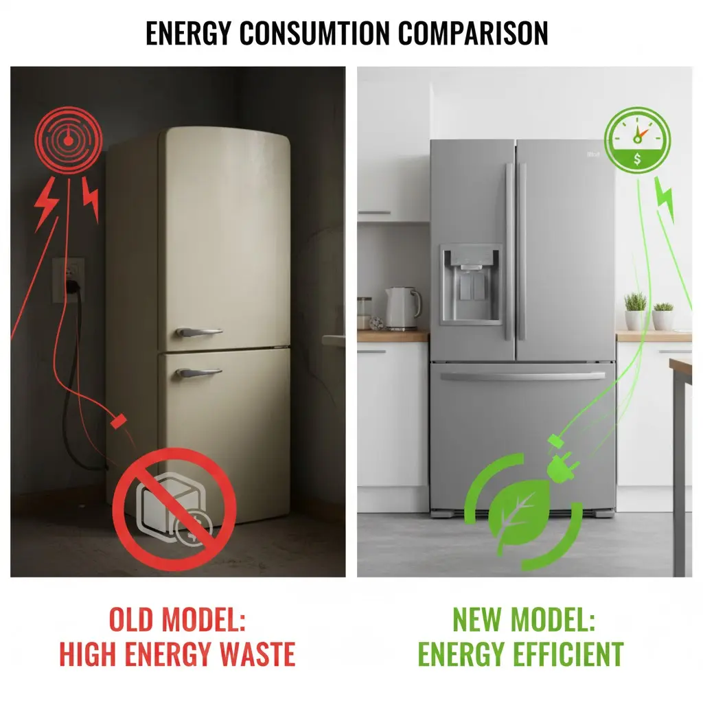 구형 냉장고와 에너지 효율이 높은 최신형 냉장고의 전력 소비 비교 도식