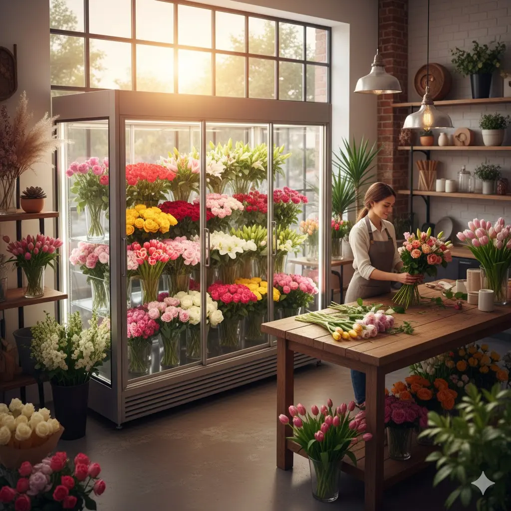 결로 현상 없이 투명한 유리 너머로 보이는 싱싱하고 선명한 꽃들의 모습