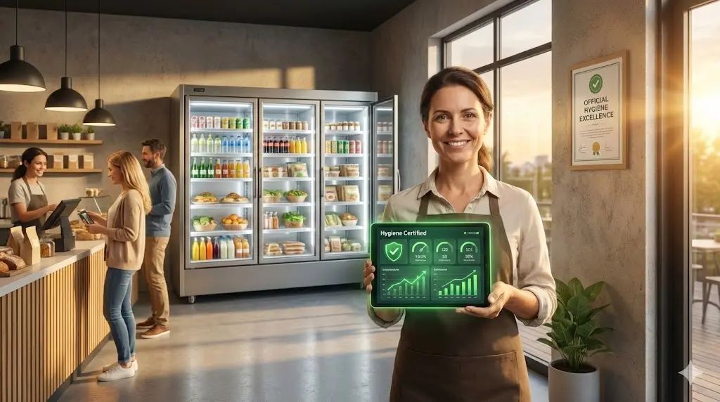 끗하고 현대적인 카페에서 앞치마를 두른 여성 창업자가 'Hygiene Certified'와 상승하는 그래프가 표시된 태블릿을 들고 환하게 웃고 있다. 배경에는 완벽하게 정돈된 대형 상업용 유리문 냉장고가 있고, 벽에는 'Official Hygiene Excellence' 인증서가 걸려 있다. 햇살이 따뜻하게 비추고 고객들이 활기차게 이용하는 모습이 보인다.