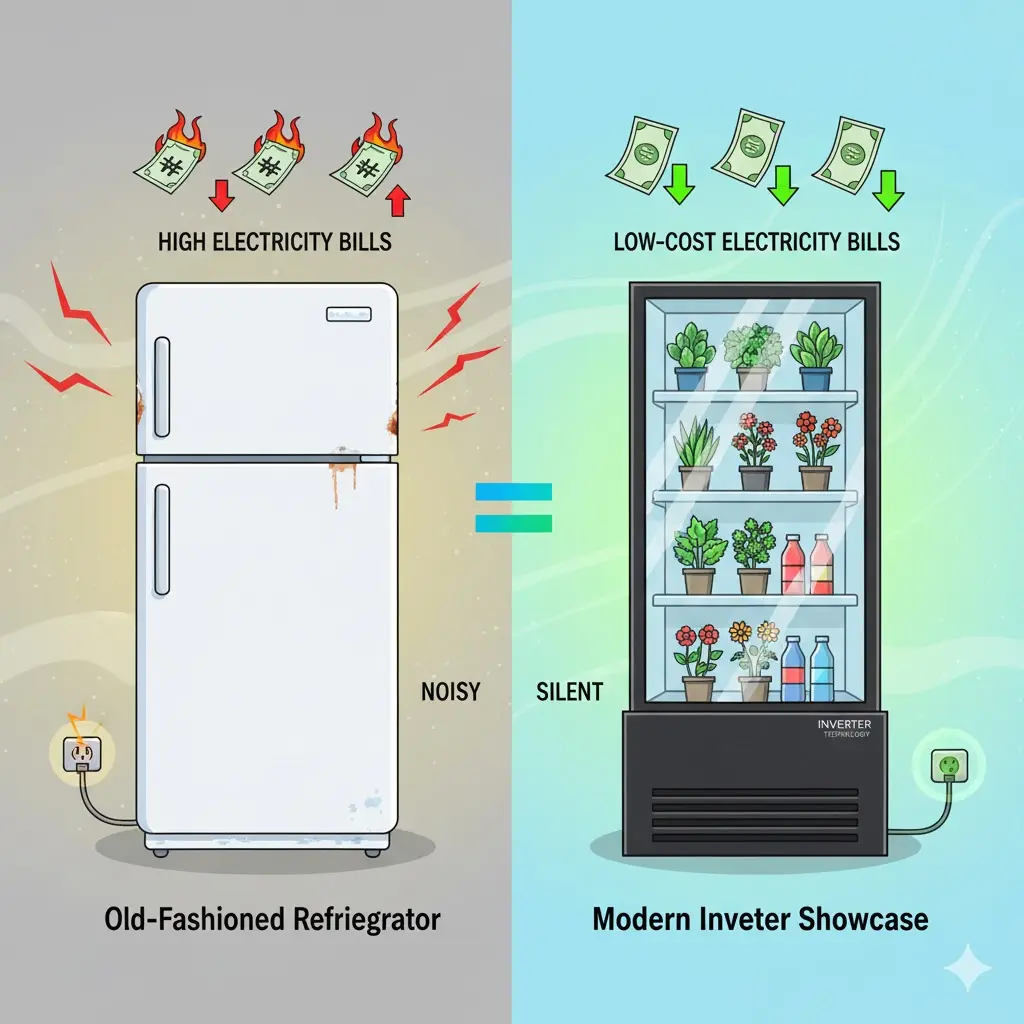 일반 냉장고와 인버터 쇼케이스의 전기 요금 절감 효과 비교 일러스트