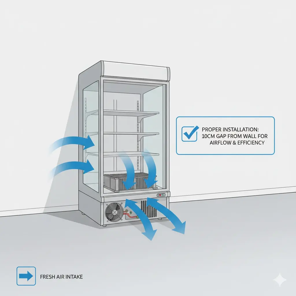 공기 순환과 냉각 효율을 위해 벽면과 간격을 두고 설치된 쇼케이스의 올바른 예시