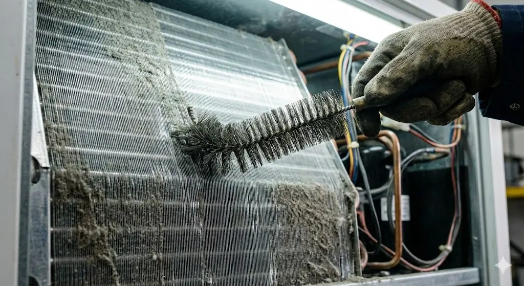 전문가가 브러시를 사용해 상업용냉장고 하단의 응축기 먼지를 꼼꼼하게 털어내고 있는 모습.